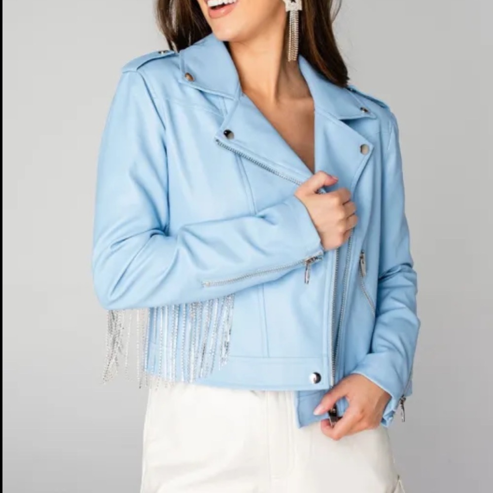 Sky Blue Women's Leather Jacket with Fringe